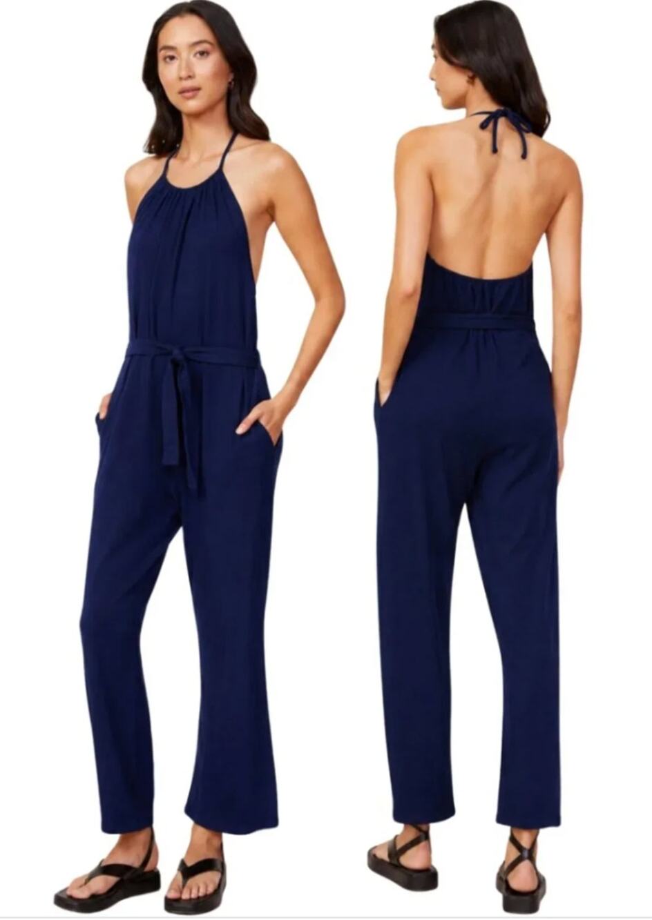 MONROE Pink Halter Jumpsuit Stretch Super Soft Tie Waist Belt Casual L Large